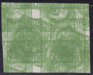 2 коп. Светло-зелёная. Крестьянин. Тройная печать. Без зубцов. Сертификат. Неполный Квартблок 2 коп. Светло-зелёная. Крестьянин. Тройная печать. Без зубцов. Сертификат. Неполный Квартблок